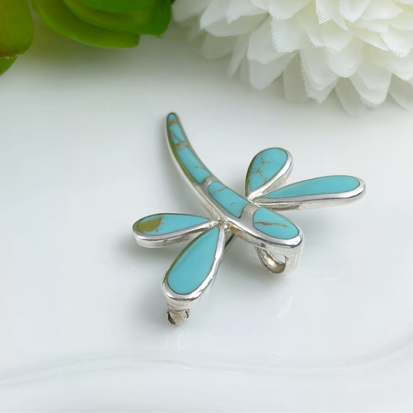 Dragonfly Butterfly Vintage Pendant Brooch Sterling Silver 925 Turquoise Inlay - Picture 9 of 10
